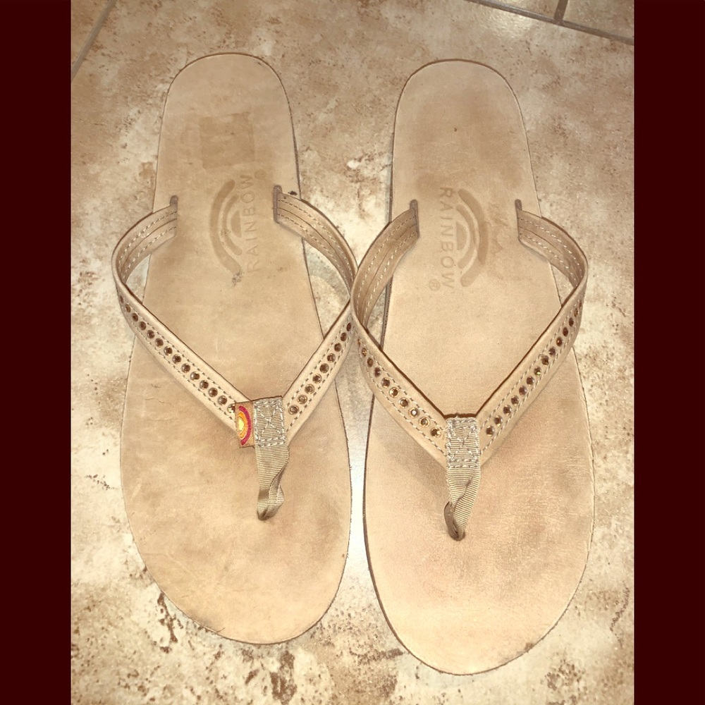 Rainbow rhinestone flip flops large